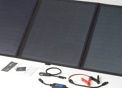 Slimline portable fold-up solar panel folded for storage