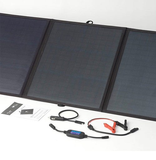Slimline portable fold-up solar panel folded for storage