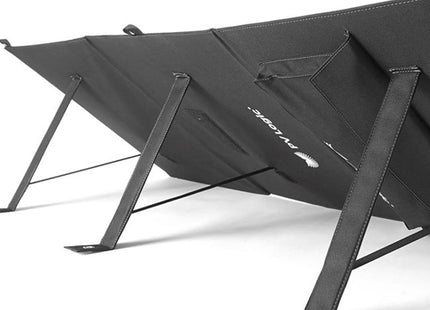 Fold-up solar panel with integrated fold-away stand deployed