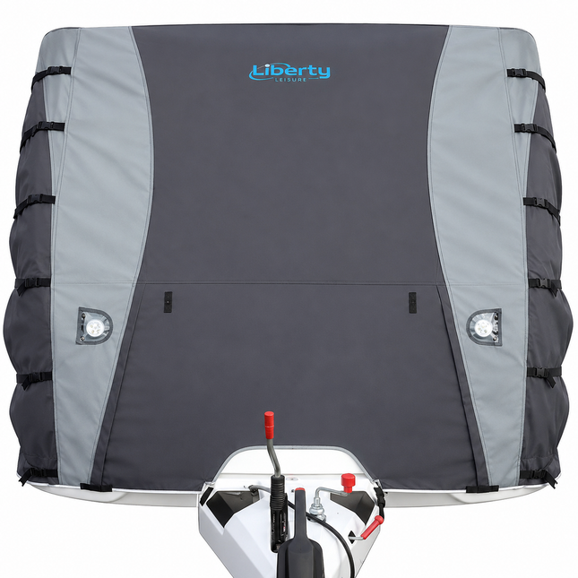 Liberty Adjustable Padded Caravan Front Towing Cover fitted to caravan