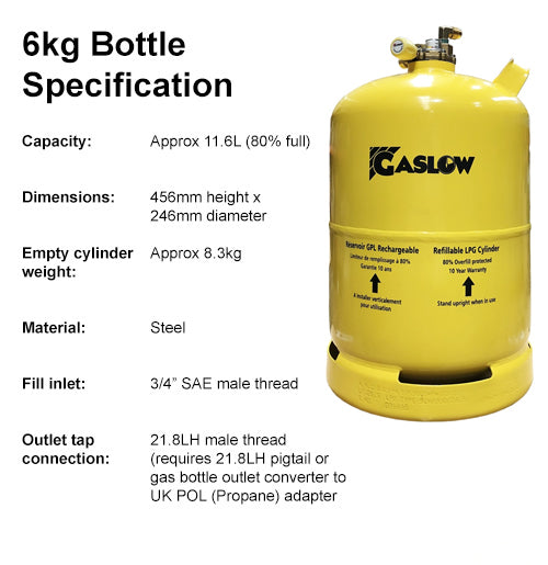 Gaslow 6kg Bottle Specification including sizes and weight