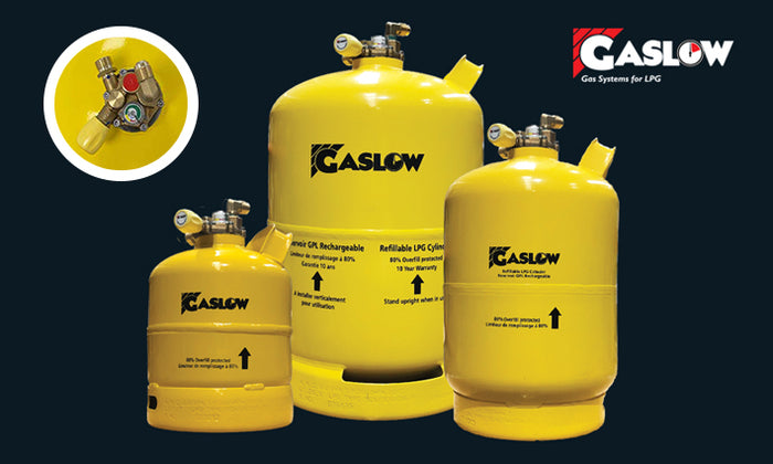 Gaslow bottle sizes 11kg, 6kg and 2.7kg on blue background