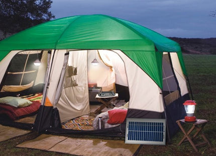 Hubi Go 2K solar power system powering lights and devices at campsite