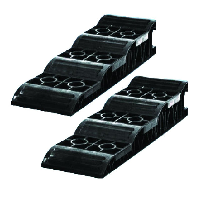Two jumbo black plastic wheel levelling chocks