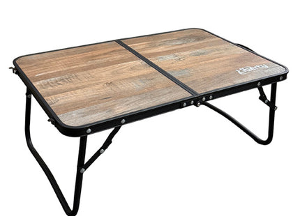 Foldable camping table with wooden surface and black metal frame