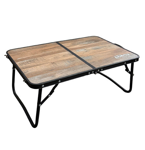 Foldable camping table with wooden surface and black metal frame