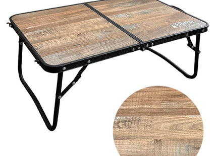 Foldable camping table with wooden surface and black frame with colour chip