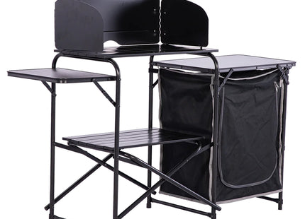 Black outdoor folding table with shelves and storage cupboard