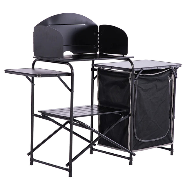 Black outdoor folding table with shelves and storage cupboard