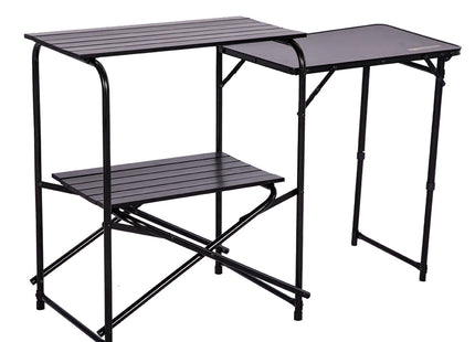 Foldable outdoor table with two shelves and fold out table
