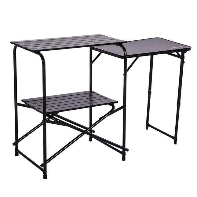 Foldable outdoor table with two shelves and fold out table