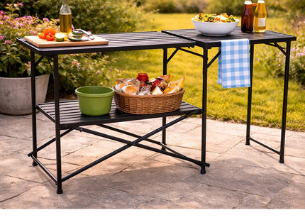 Camping kitchen stand with food 