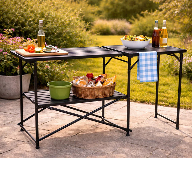 Camping kitchen stand with food 