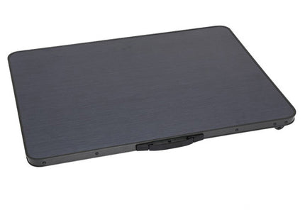 Burford black folding table folded flat with carry handle – portable camping table