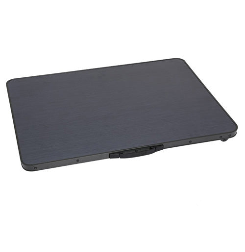 Burford black folding table folded flat with carry handle – portable camping table